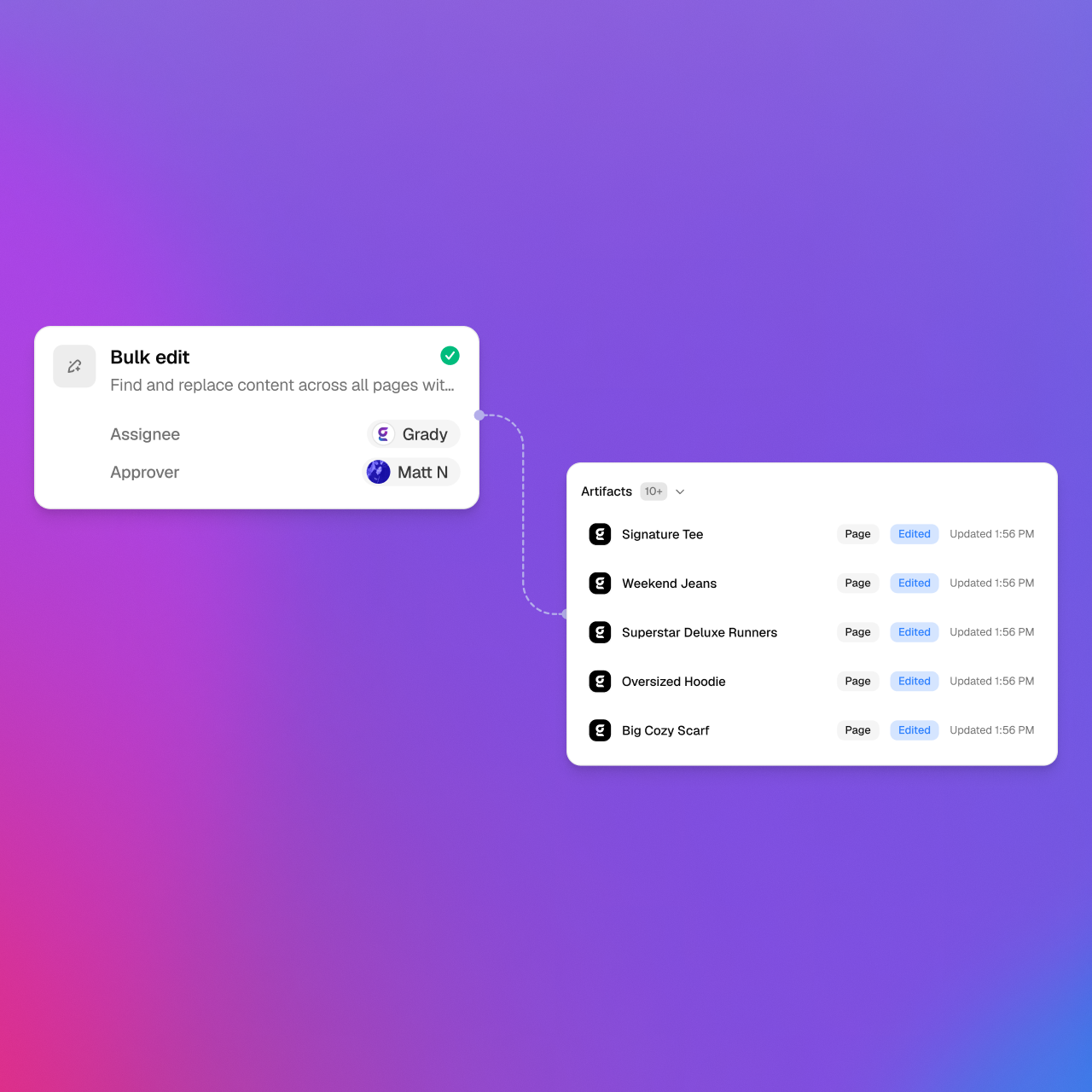 Bulk content edit workflow connected to updated page artifacts