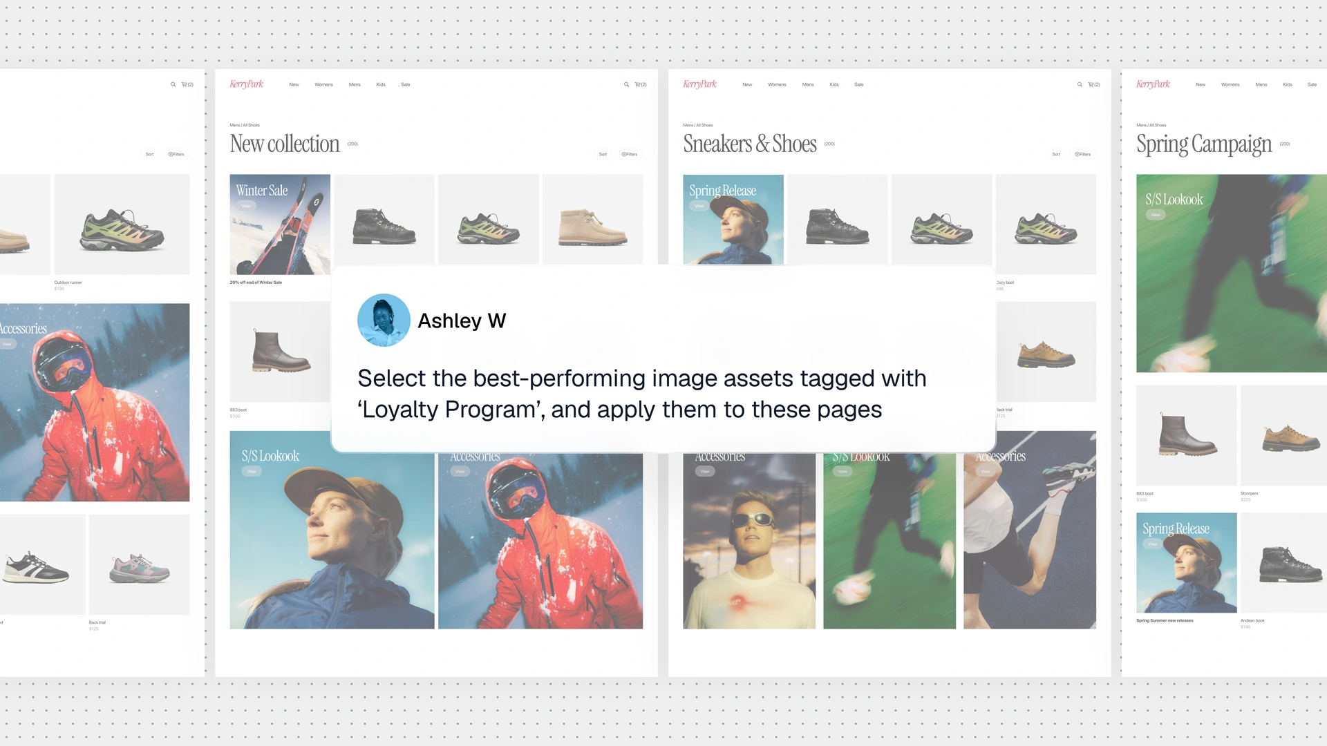 Composite of fashion retail webpage mockups featuring footwear, seasonal campaigns, and a centered Ashley W comment card.