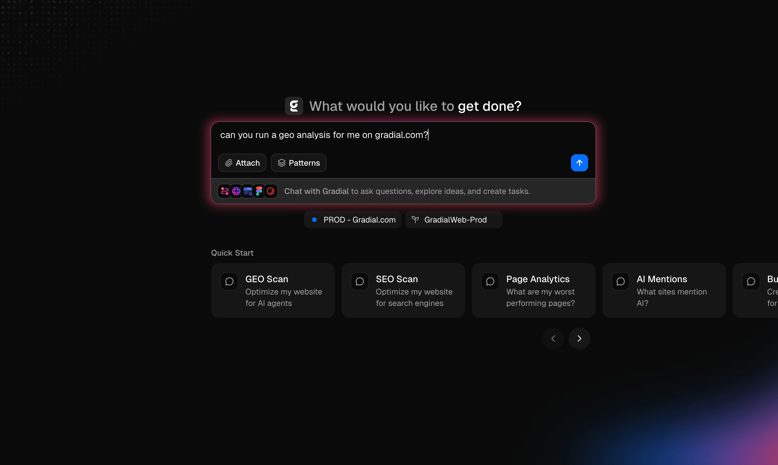 Gradial product interface showing a GEO analysis request with GEO Scan, SEO Scan, Page Analytics, and AI Mentions actions