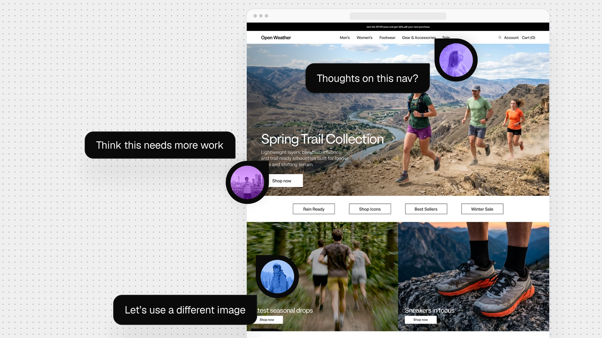 Website mockup for a spring trail collection, featuring hikers on a mountain trail, outdoor product imagery, category buttons, and black review-style callouts.