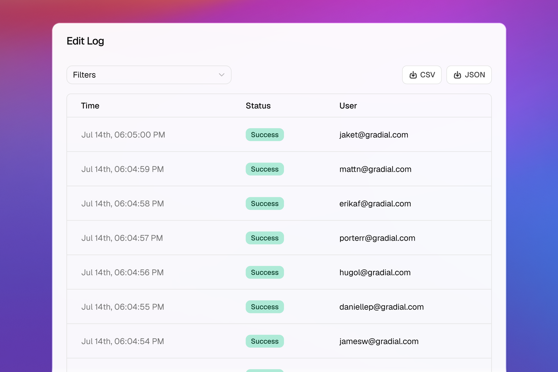 Gradial edit log showing successful governed actions and accountable users