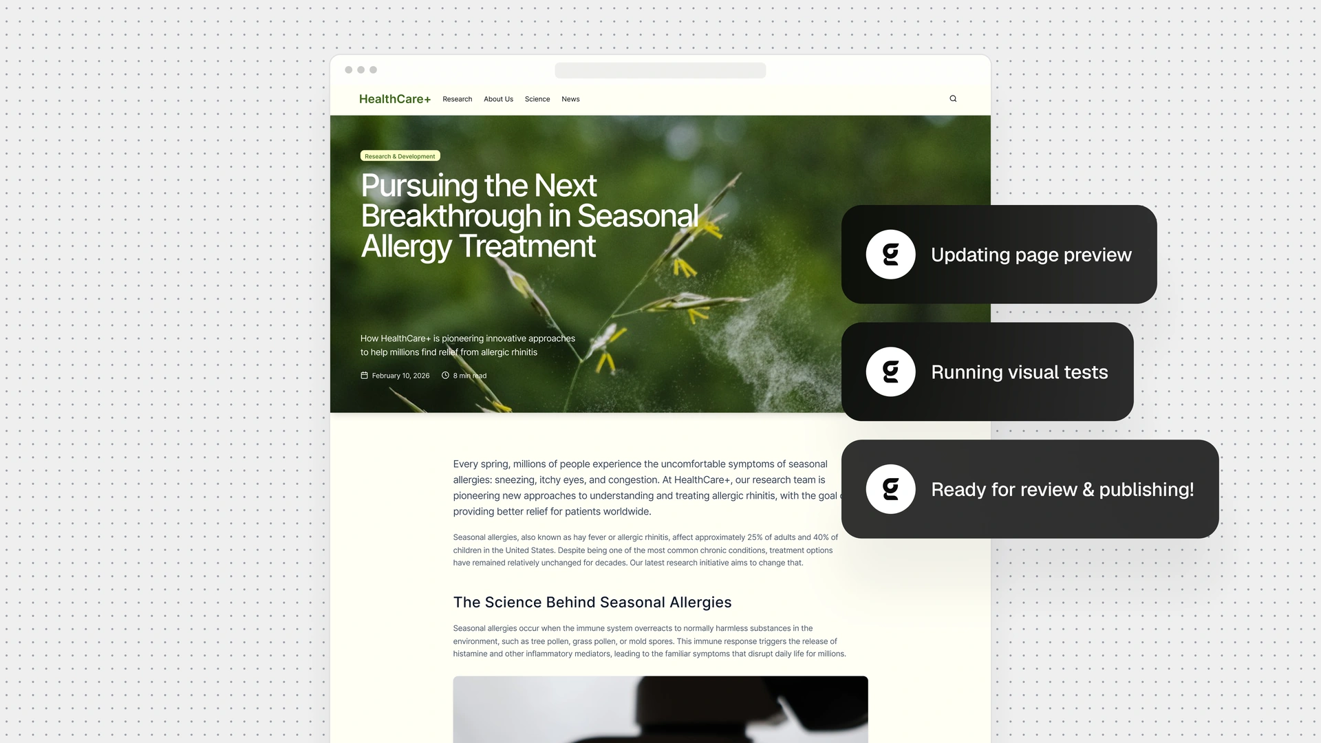 Website article mockup for HealthCare+ featuring a seasonal allergy treatment headline over a botanical image, with article text and dark workflow status notifications.