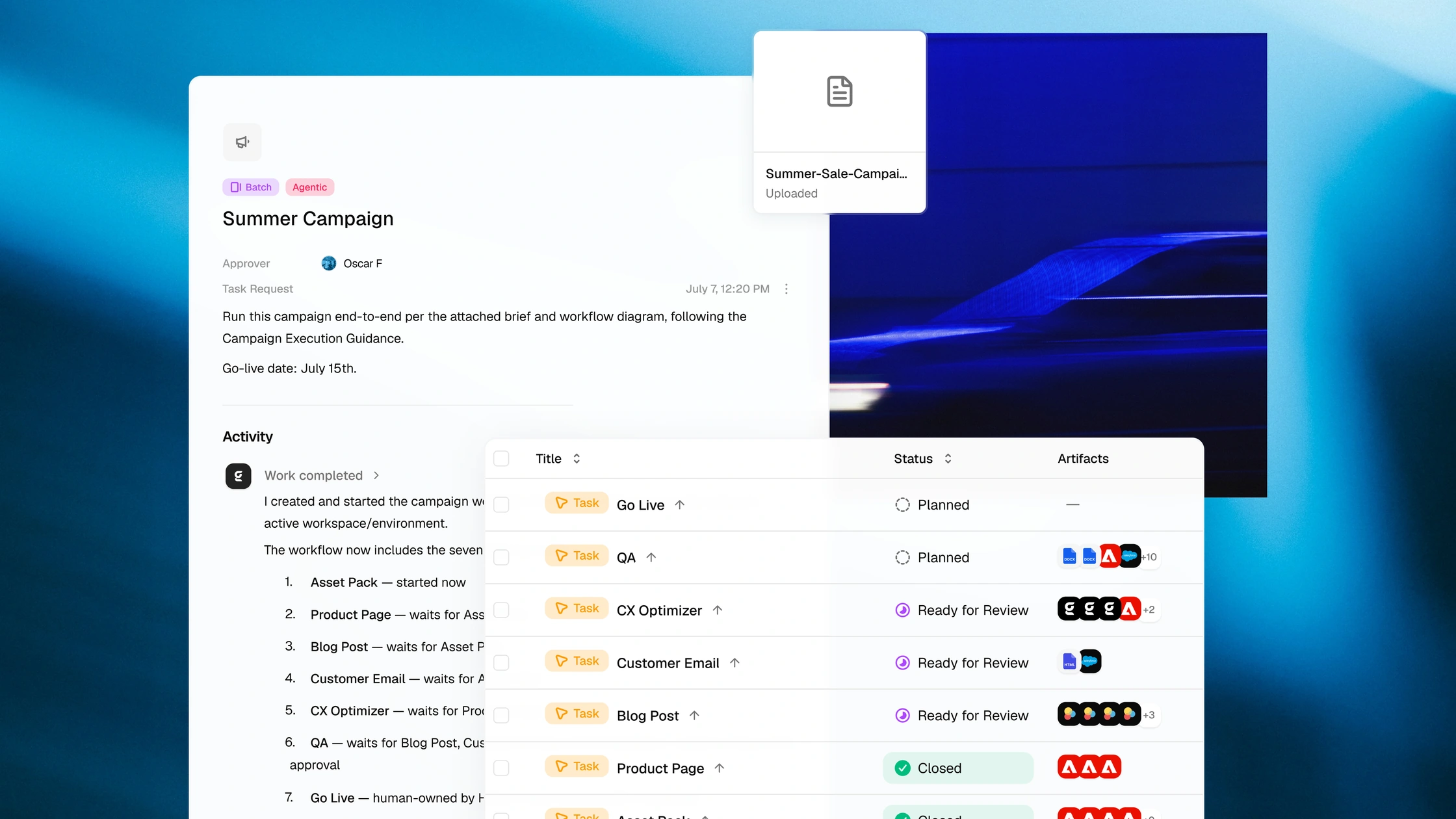 Abstract blue campaign-operations hero artwork featuring a project workflow interface with campaign details, task statuses, and file and app icons.