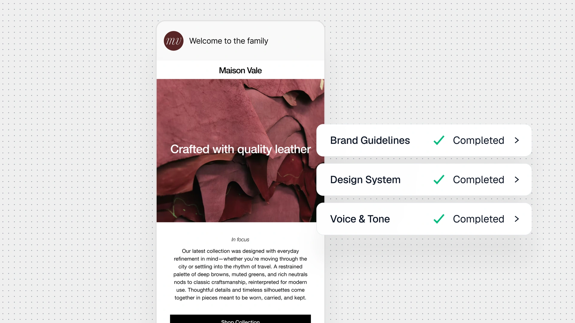 Email lifecycle artwork showing a welcome email for Maison Vale with a leather image, the headline “Crafted with quality leather,” descriptive copy, and completed Brand Guidelines, Design System, and Voice & Tone checklist items on a dotted background.