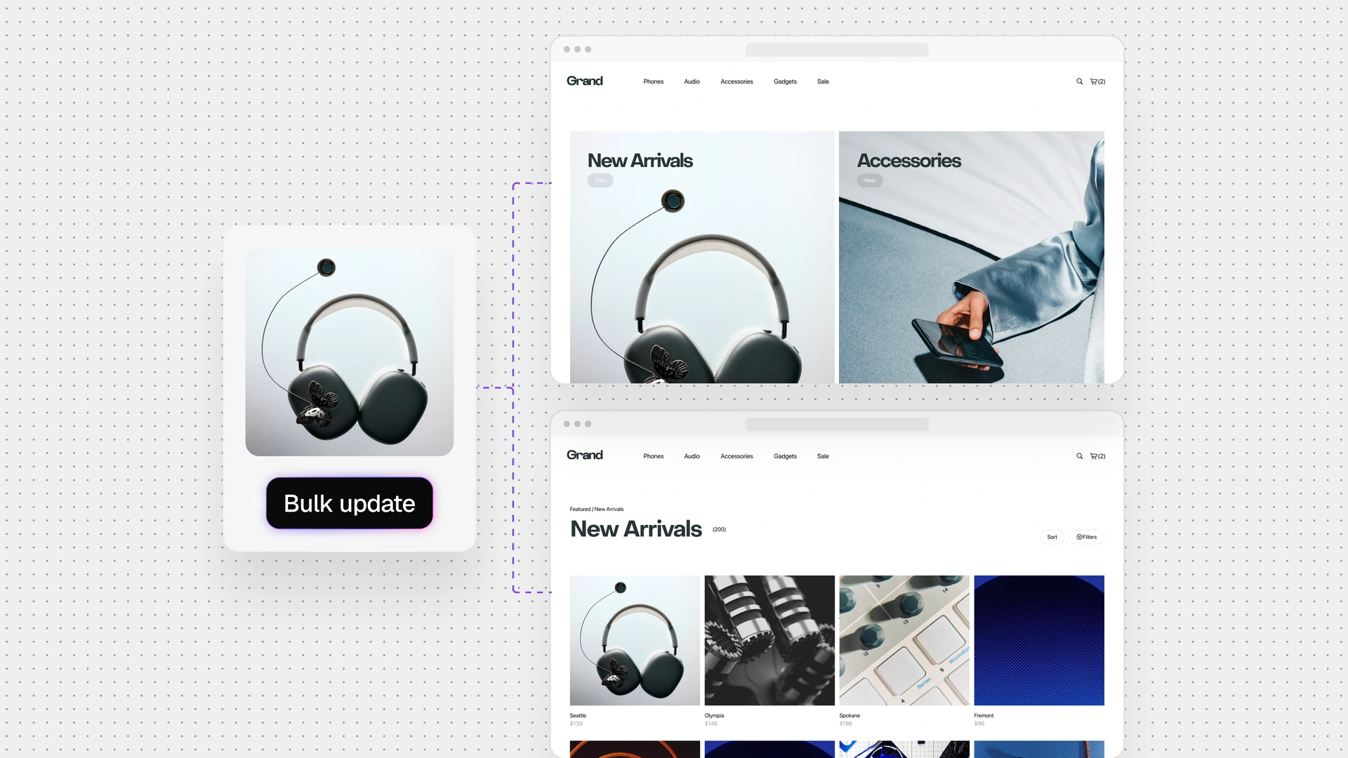Website design artwork on a dotted background, showing storefront interface mockups with new arrivals and accessories, product thumbnails, headphones, and a bulk update button.